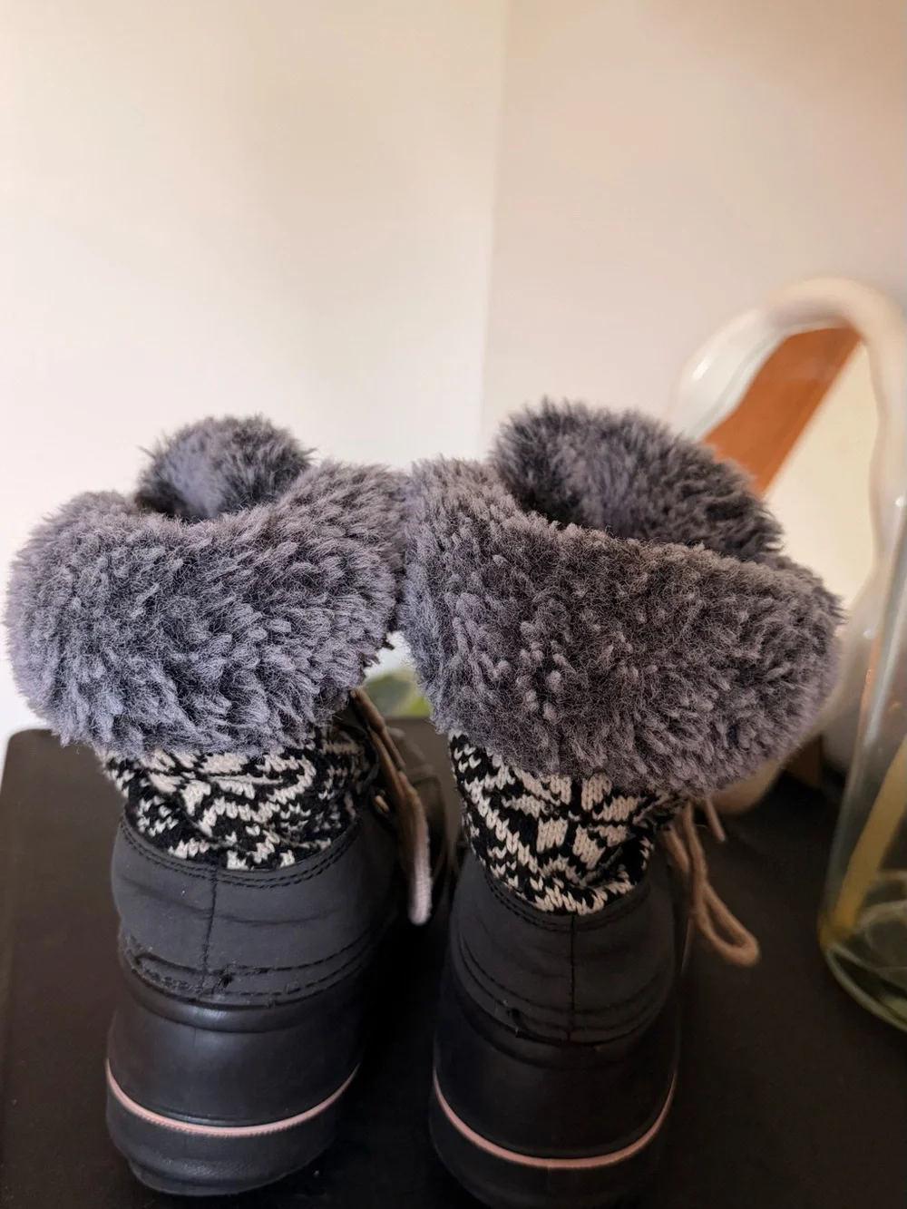 Kids Winter Snow Boots with Faux Fur Trim - Black/Grey